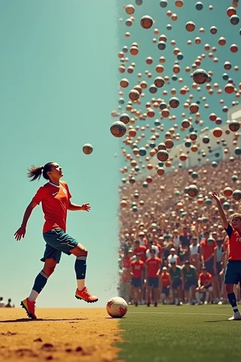 A 1 vs. 100 Soccer Juggling Challenge Comparison image visually captures the stark contrast between individual brilliance and collective effort:

1. Left Side - "1 Juggling":

A single soccer player is showcased in focus, juggling a football effortlessly w...