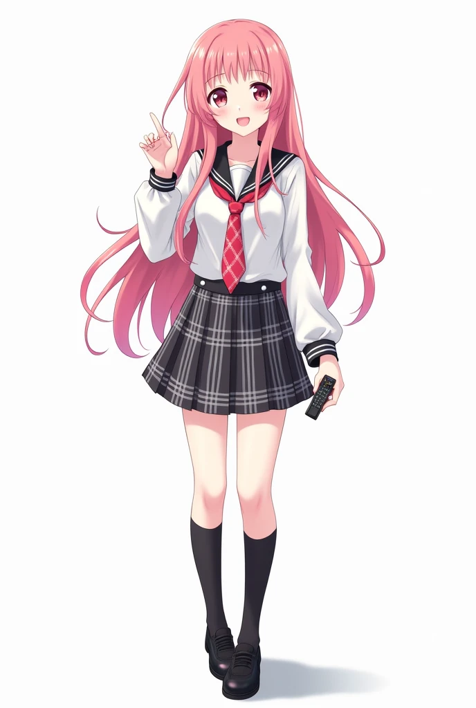 Anime teen woman with pink nails with schoolboy long-sleeved white shirt and plaid tie in dark gray and white tones and plaid pleated skirt in combination of dark gray and white colors, following a uniform pattern and socks In black , cover up to the knee ...