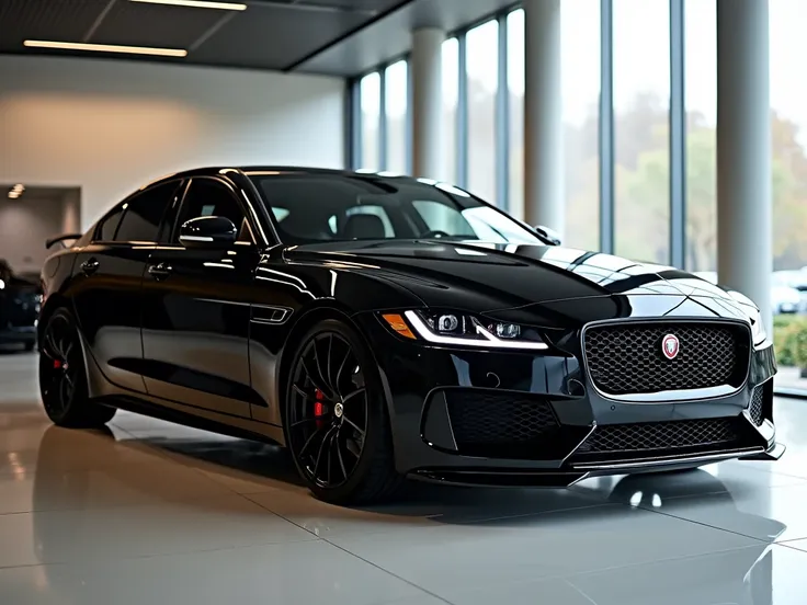 side front sides view of painted full black with shiny clour 2025 jaguar  gt car in  showroom sleek in large shape sedan in large size with jaguar logo on its large detailed grille in shiny black clour with angular sporty design captured from close side fr...