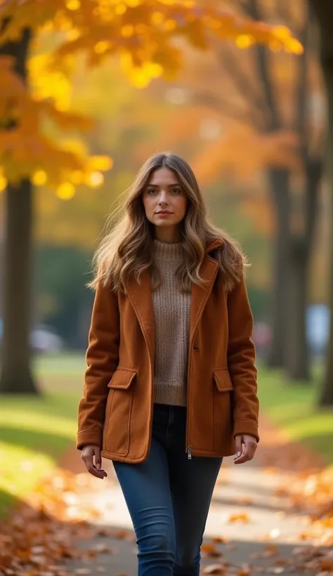 portrait taken in a corner of a park on a calm autumn afternoon. Colourful autumn leaves spread out in the background. A very attractive young pretty lady is strolling along, dressed in stylish autumnal fashion. The natural light softly illuminates her fac...