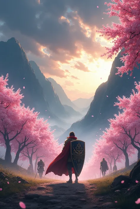 "A dynamic, epic battle scene inspired by the anime Tate no Yuusha (The Rising of the Shield Hero), set in a traditional Japanese landscape with blooming cherry blossoms (sakura). The hero, dressed in a shield hero-inspired armor, stands in the foreground,...