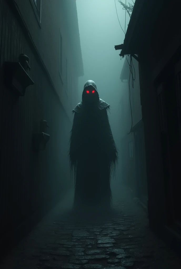 A haunting shadowy figure with glowing red eyes, standing at the end of the alley, its form indistinct and surrounded by an ominous aura."