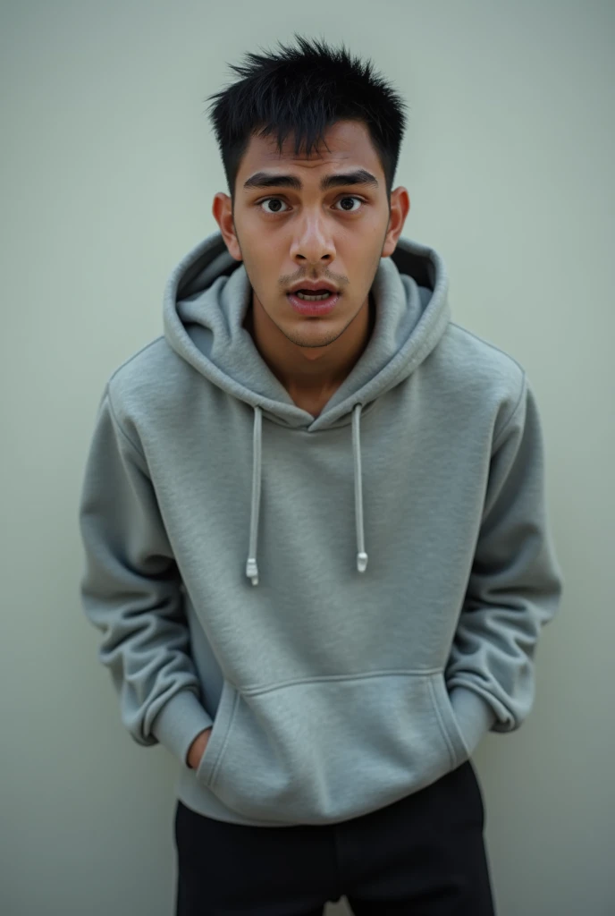 Real human. Photo, body facing forward, Aziz is Indonesian  23 years old  man, medium body, short straight black hair, white skin, black expressive eyes, medium body, wearing grey hoodiet, black  pant,, standing and watching, his expression is  panic and f...