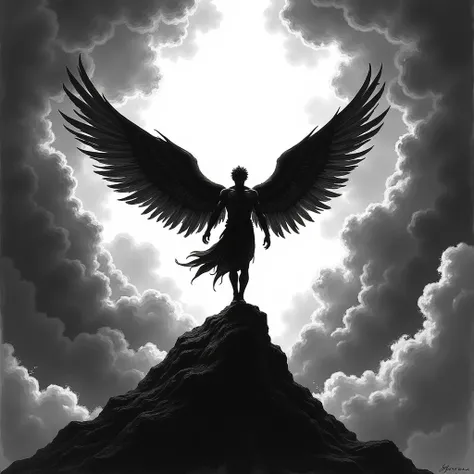 Silhouette of a male angel ,  soaring into a stormy sky to the sky, ink drawing ,  black and white