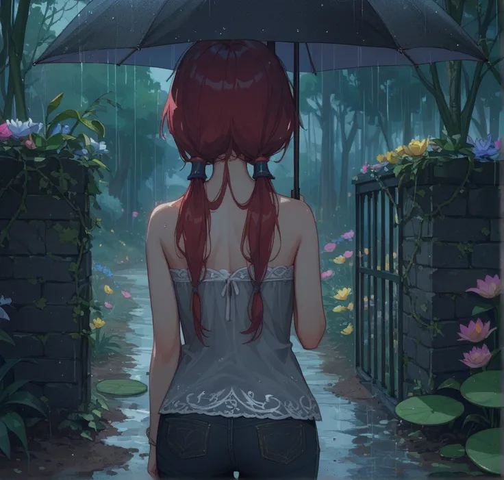 A stunning masterpiece of a beautiful and detailed high resolution image, from behind, swept bangs, gray eyes, red hair, holding umbrella, low twin tails, strapless gray shirt with white trim, black jeans, dusk,mossy low stone wall, vine draped gate, lily ...