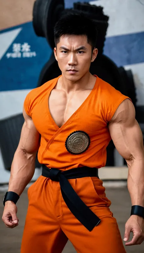 A muscular young asian man, wear orange shirt, wear orange pants, wear black belt