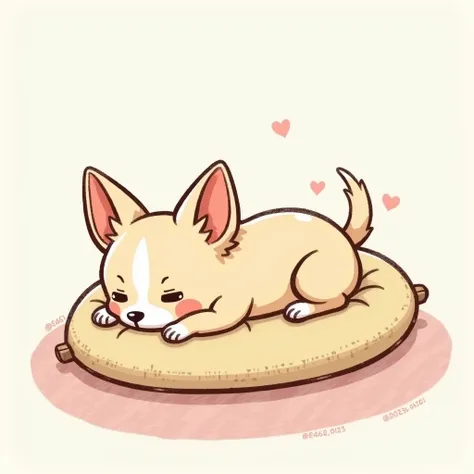 Chibi Style, dot halftone ,  drawn with crayons, Flat Color ,Two-panel comic strip,   long coat chihuahua that rides face down on the cuneiform cushion、The color of the chihuahua is cream 、 relaxed expression 、The chest is placed on the cuneiform cushion 