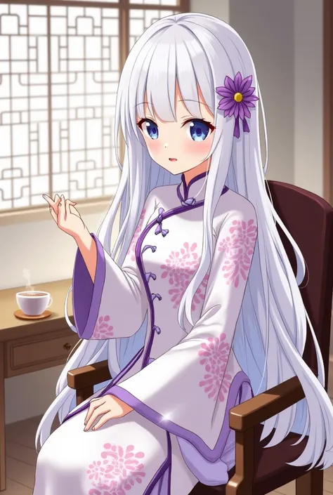  1 girl, Long hair,  blue eyes , White hair, Straight hair, Purple eyes, White eyes, Hair flower, earphones, Reflection,Dragon Hill,White Purple Pink Pattern Chinese Dress, sitting on a chair ,There is some argument , Chinese house background with window s...