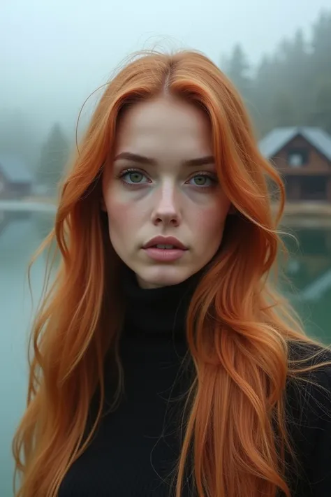 Create an image of a woman who has half her hair blond and the other red and one eye brown honey and the other greenish eye in front of a misty lake house 