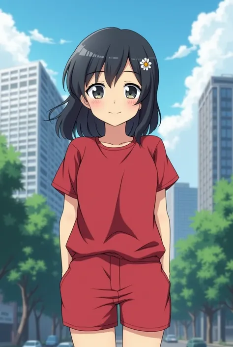 "This girl should be changed to Hinata, with the same appearance but with black hair, wearing a red t-shirt and shorts. Her hair should have small flower accessories and she should be smiling slightly. In the background of the girl, there should be large b...