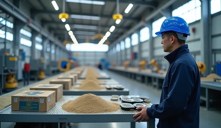 A state-of-the-art automotive disc brake core sand manufacturing facility, blending modern technology with traditional industrial processes. In the foreground, a single engineer wearing safety gear, including a blue hat labeled with the text "ICP2", stands...