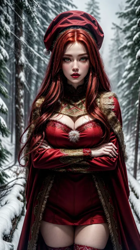 Highly detailed, fantasy-themed. A beautiful red-haired woman with flowing crimson locks, striking green eyes, and full ruby-red lips. She has an average, athletic build, emphasizing natural beauty and elegance. She wears a provocative lace Santa outfit ad...