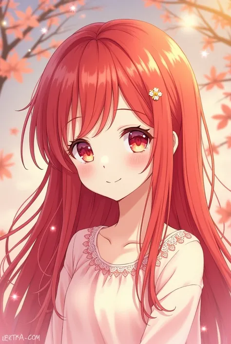 Create me a cute girl with long red hair in anime style 