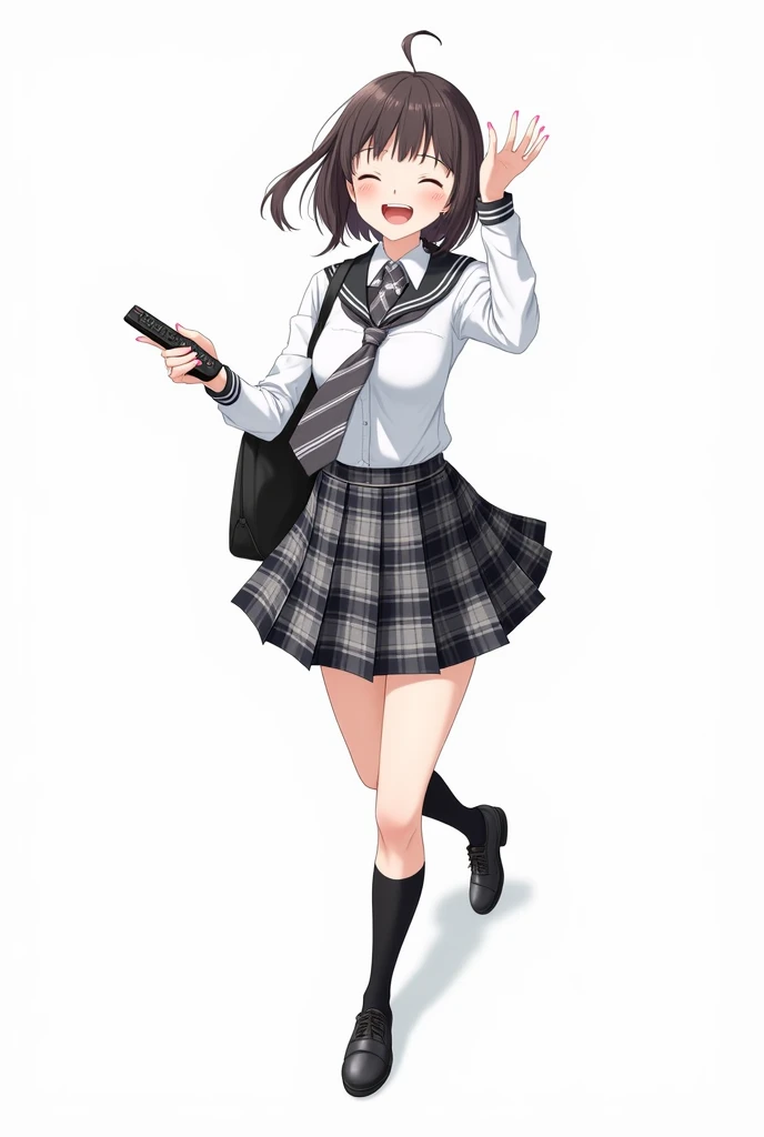 Anime teenage woman with pink nails with schoolboy long-sleeved white shirt and plaid Scottish tie in dark gray and white tones and plaid pleated skirt in combination of dark gray and white colors, following a uniform pattern and socks In black , cover up ...