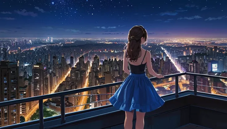 Girl overlooking the city from Skyscrapers rooftop、 Libra、 Night Scene、 starry sky 、１７age、 back view、 skirt、melancholy