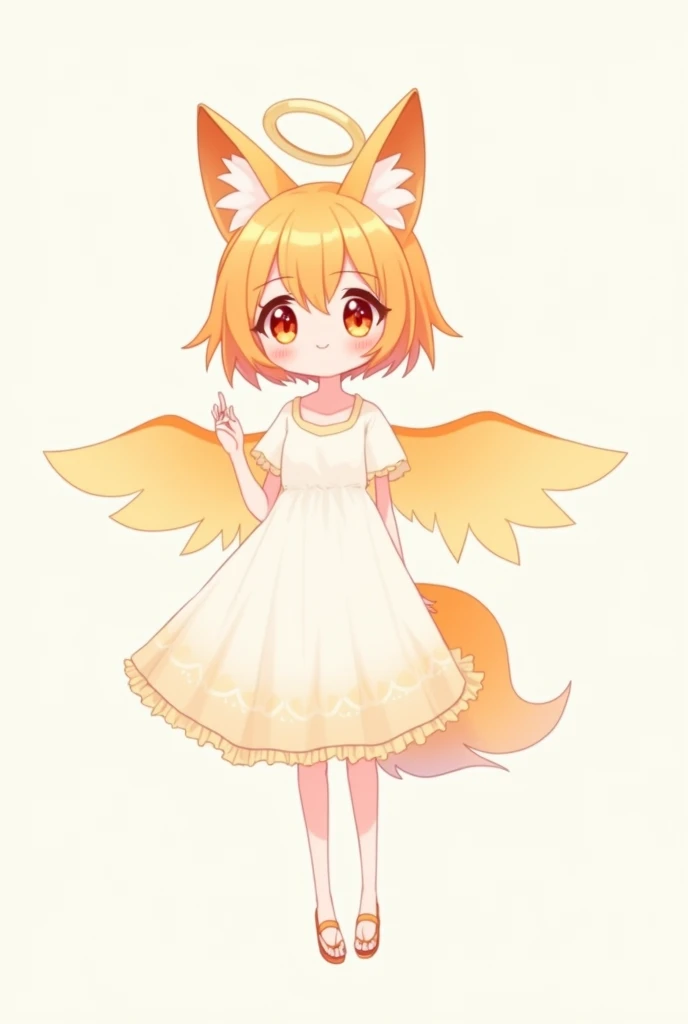 2D, Cartoon, Adult, Woman, white and pastel orange wings, Pastel Orange short Hair, white and pastel orange dress, Halo, beautiful , line art, no nose , fox head, pastel orange eyes