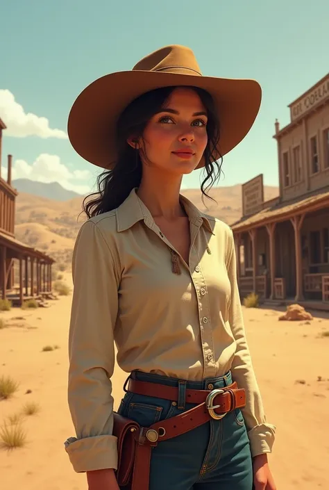 Loving woman wearing a hat in the Old West