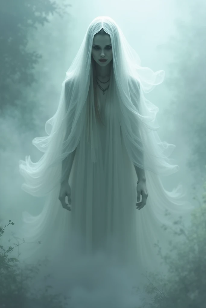 The ghostly apparition of Sudha, with a sorrowful and vengeful expression, draped in an ethereal white mist, her presence radiating sadness and anger."