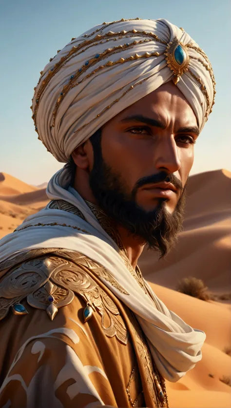 a powerful muscular arab man,a man in a decorated flowing robe,a brown turban,a hand made of white light,walking in the desert,desert sands,(best quality,4k,8k,highres,masterpiece:1.2),ultra-detailed,(realistic,photorealistic,photo-realistic:1.37),dramatic...