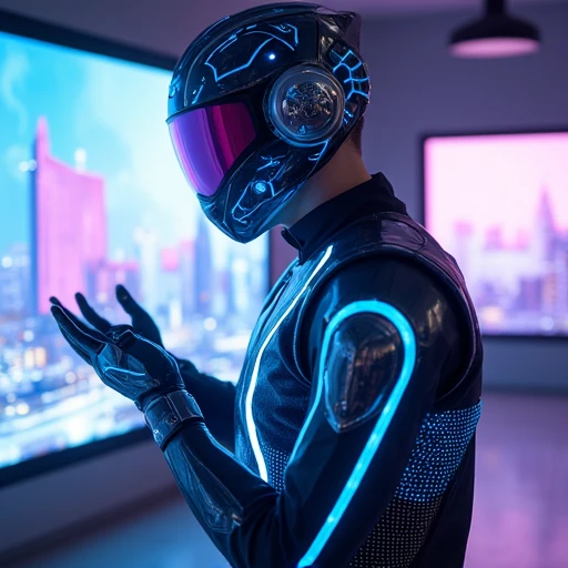 A hyper-realistic cyberpunk gaming avatar of a young male esports player, 22 years old, wearing a sleek neon-trimmed holographic gaming suit with integrated LED circuits. High-tech neural interface headset with glowing blue accents, metallic silver highlig...