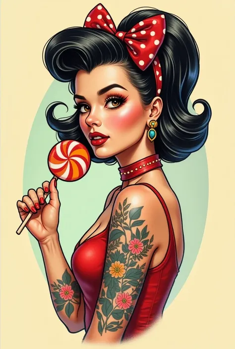 tattoo design that pinup girl random hairstyle, lollipop, 50s style