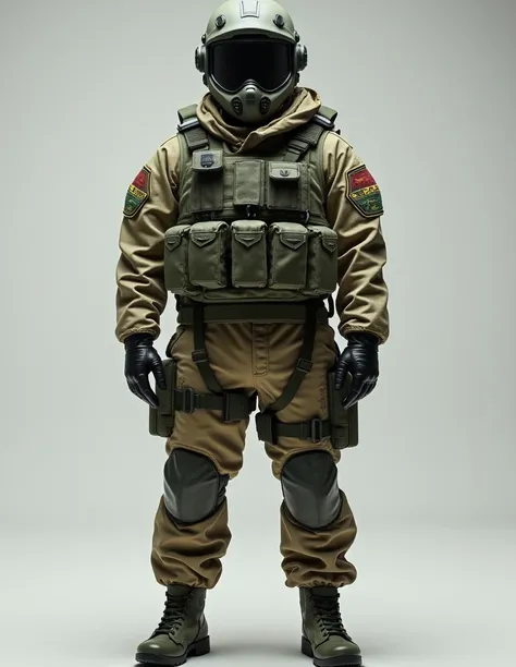 Soldier dressed in military uniform, army of another world, standing at full height,with army emblem, dressed in military chemical protective suit, tactical body armor, tactical helmet,stands at full height and looks from head to toe,in the style of 1998