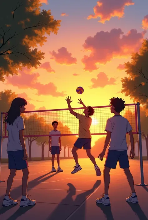 the man play volly ball in school ground .near a bike stand and two frind has  see this match with lovely filling. the sun has set with two color orange and yellow.