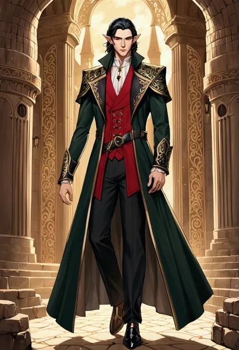 Appearance:
Standing tall with an athletic build, this young elf possesses an aura of both grace and danger. His skin is exceptionally pale, contrasting sharply with his medium-to-long jet-black hair, which falls in soft, unruly waves around his angular fa...