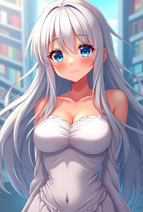  1 girl, long hair, long hair, white hair, Big breasts, Smile, cartoon風格, cartoon, blue eyes, 