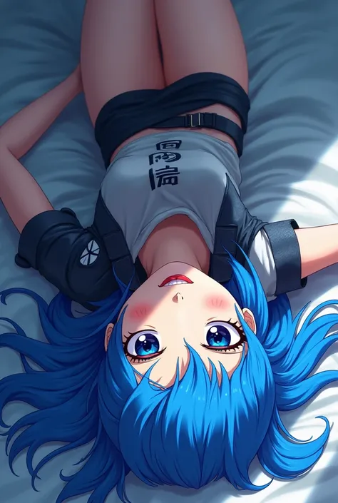 Blue hacker anime girl lying face up from down up