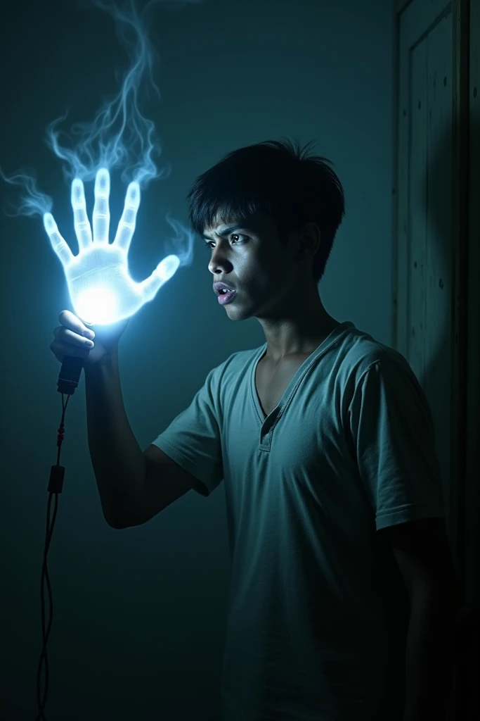 "A chilling moment where a cold, translucent hand appears on Ravis shoulder, with him turning back in shock, his flashlight trembling in his hand.