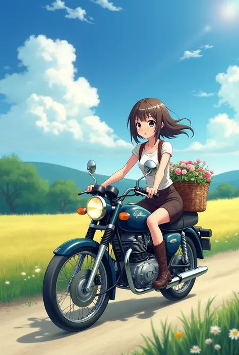  Anime Girl Riding a Motorcycle on a Country Road，Carrying a basket of flowers ,  by Akihiko Yoshida ,  Anime visuals of cute girls ,  Anime Retro Color , Makoto Shinkai art style,  Riding on a Motorcycle ,  Beautiful anime work , Makoto Shinkai!!,  Clear ...