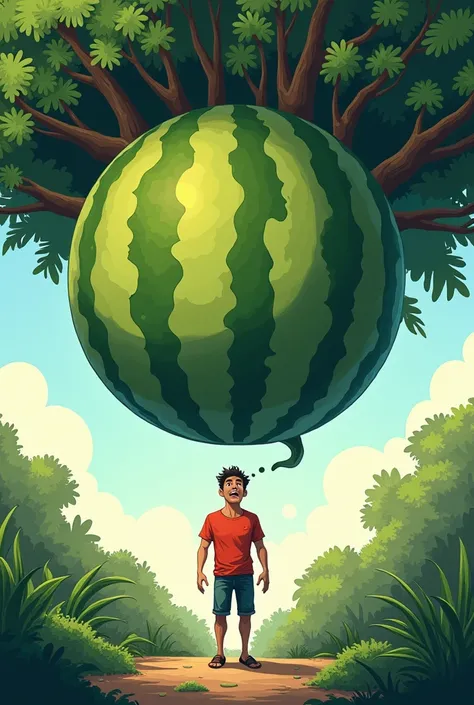 He imagines if the banyan fruit were the size of a watermelon, it would have been fatal:
"A humorous yet reflective scene showing the man imagining a large watermelon falling on him from the banyan tree, with a shocked expression and a thought bubble displ...