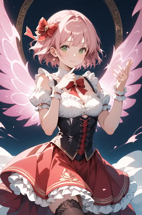 score_9, score_8_up, score_7_up, source_anime, Classicism Art, cinematic film still Highly detailed digital illustration of a young woman with angelic wings and a mystical aura. She has long, flowing pink hair styled in two ponytails with red bows, bright ...