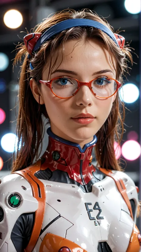 (best quality, masterpiece, RAW photo,ultra-detailed:1.2),  1girl, hairstyle in two pigtails that fall down the sides. She wears glasses and a blue headband as accessories,  japanese girl, (pink futuristic pilot suit), portrait, (eva 02), evagod, evangelio...