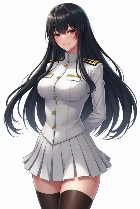 red eyes, white military uniform, white short skirt, black stockings, long black haired, big chested, smiling,  mother-like