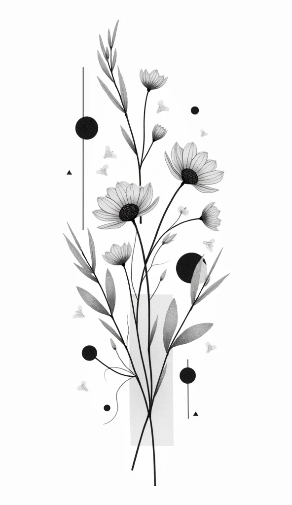 delicate flowers, long lines ,  leaves and twigs , geometric shapes,  Straight lines , circles, Points, ounce,  black and white image,  tattoo illustration