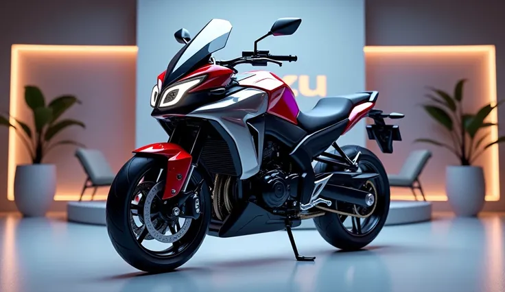 Generate a high-resolution, fully realistic image of a (2025 Suzuki V-Strom 650 XT) in ( Color mix) , with a sleek and modern exterior, futuristic wheels, and a shimmering body color, displayed in a luxurious showroom with a large logo on the back wall. Th...