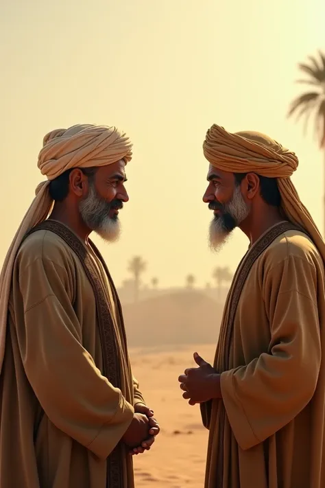 Two middle-aged arab men in turbans talking 