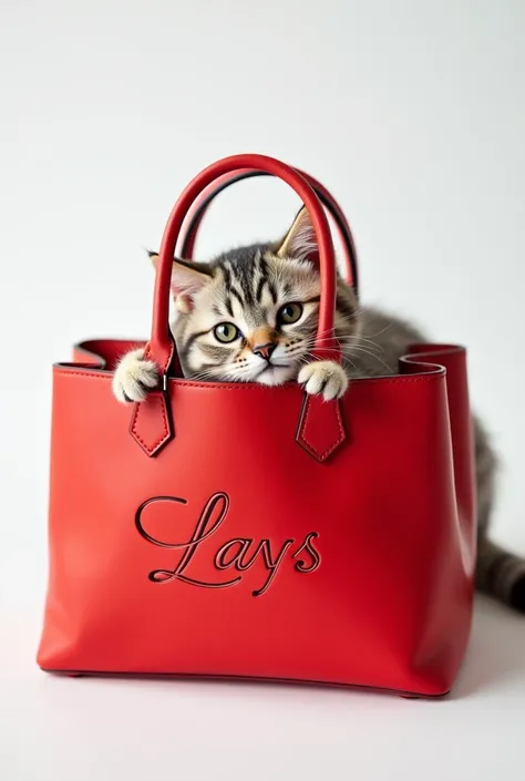 In editorial campaign photoshoot 
In white studio petty cat intering her head into red bag ( with brand name of LAYISembossed with LAYIS serif classic with elegance 