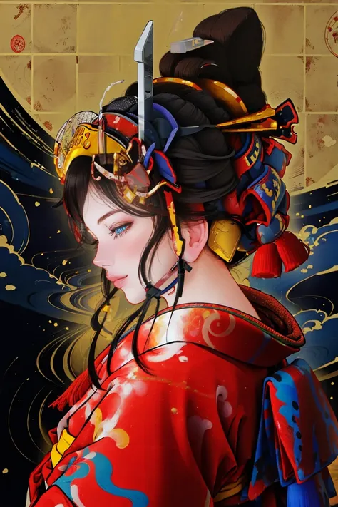 nsfw,
((( female samurai)))、 一人in,  in, smile,  blue eyes,  black hair,  hair ornament,  upper body, kimono, kimono, From the side, lips, Compensate, Tassel, rope,  eyeshadow, red kimono, sacred shrine rope, hairpin,