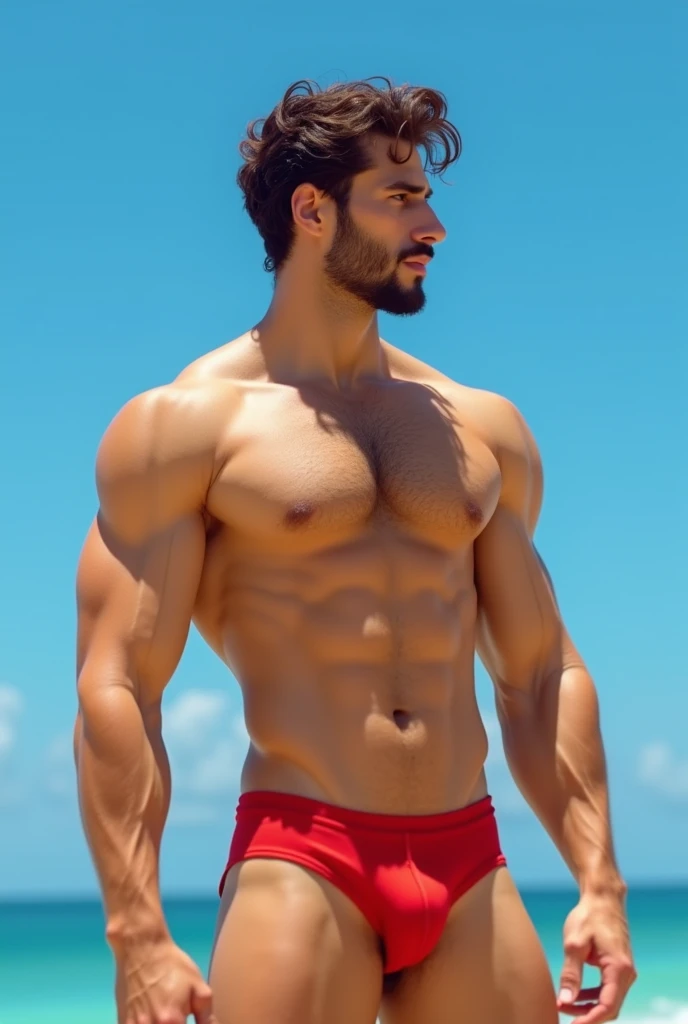  handsome Brazilian man , beautiful, high, with fair skin, blue eyes,  detailed eyes,  large nose with a thin tip slightly raised upwards , Big mouth with thick lips , thick eyebrows, body hair, stubble,  sculptural body, defined chest, strong arms, Define...