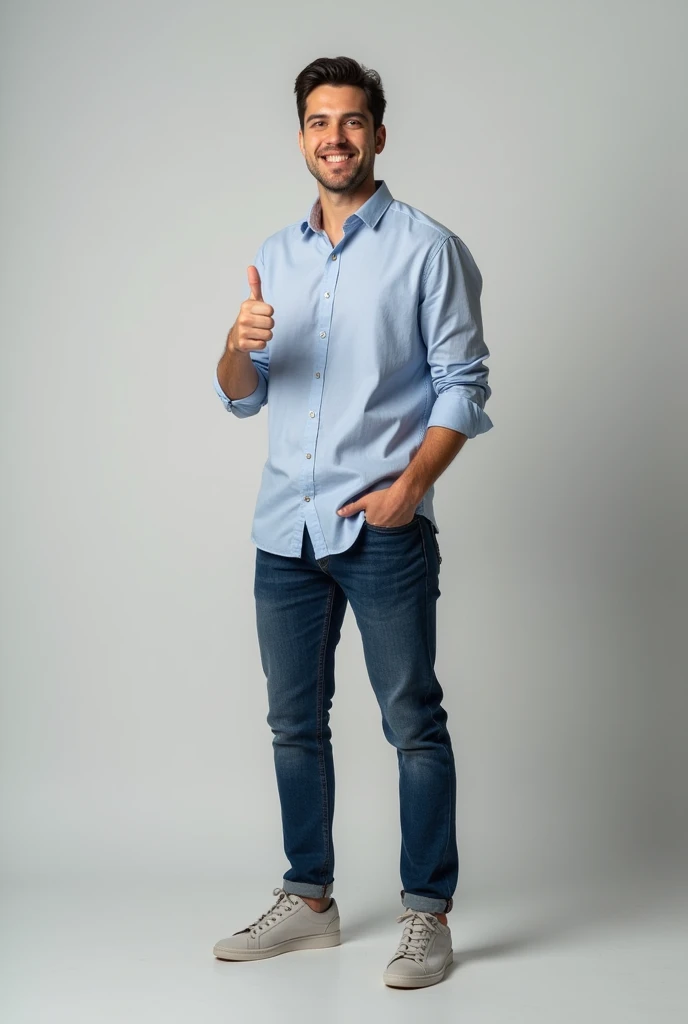  Hi! I need a picture of a person like in a photo studio. A young man standing in full height, he has a smile on his face, with one hand he shows a thumbs up gesture. dressed in a shirt and jeans. Thank you.