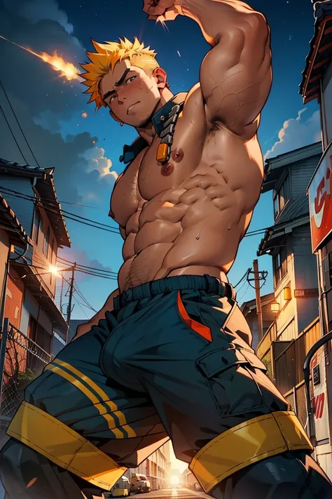 (((1boy))), ((raise your arms up)), 20 year-old boy, cute baby face, ahegao, orgasm, bulky body, ((close-cropped yellow  hair)), (bozu), huge butt, bulge, masterpiece, best quality, perfect anatomically, high detailed, (((firefighter))), ((wearing firefigh...