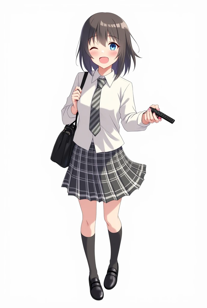 Anime teenage woman with pink nails with schoolboy long-sleeved white shirt and plaid Scottish tie in dark gray and white tones and plaid pleated skirt in combination of dark gray and white colors, following a uniform pattern and socks In black , cover up ...