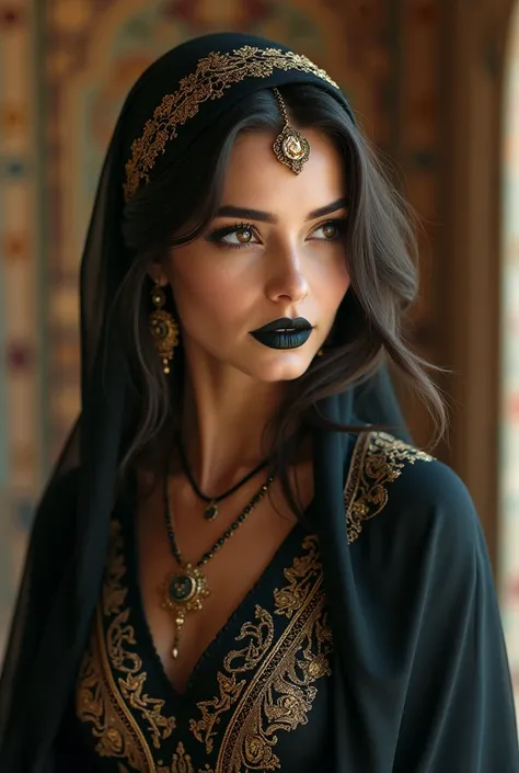  A very beautiful young girl, attraction and beauty, Arabic beauty, Islamic clothes , Dominance, light lighting, black Arabic lipstick, Islamic decoration, Islamic costume, Arab power
