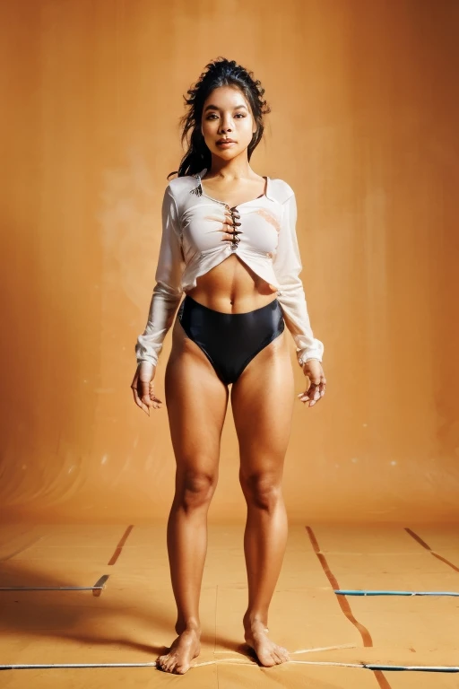 An indigenous woman from the Brazilian Amazon, with slanted eyes,long  hair,wearing   a Black gymnastics bloomers, High leg、white blouse 、 and accessories.cowboy shot