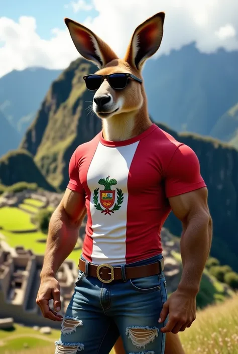  Kangaroo with prominent muscles dressed in a tight t-shirt in the colors of the Peruvian flag,  ripped jeans ,  Sunglasses , In the background Machu Picchu Peru.