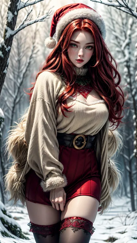 highly detailed, fantasy-themed. a beautiful red-haired woman with flowing crimson locks, striking green eyes, and full ruby-red...