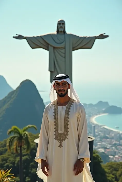 A young man dressed in Arabic at Christ the Redeemer in Rio de Janeiro 